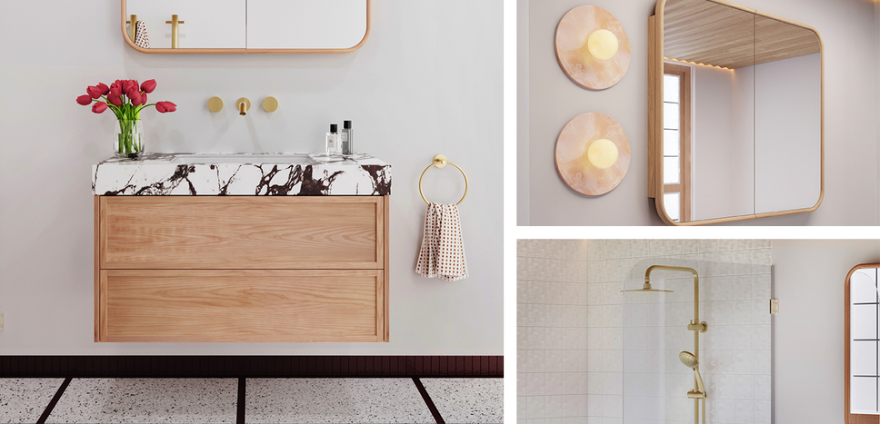 A beautiful wide view of an ensuite bathroom with bath, sink and shower area.