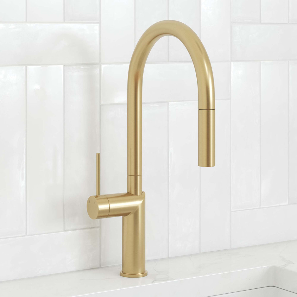 Clovelly Brushed Gold Gooseneck Pull Out Mixer