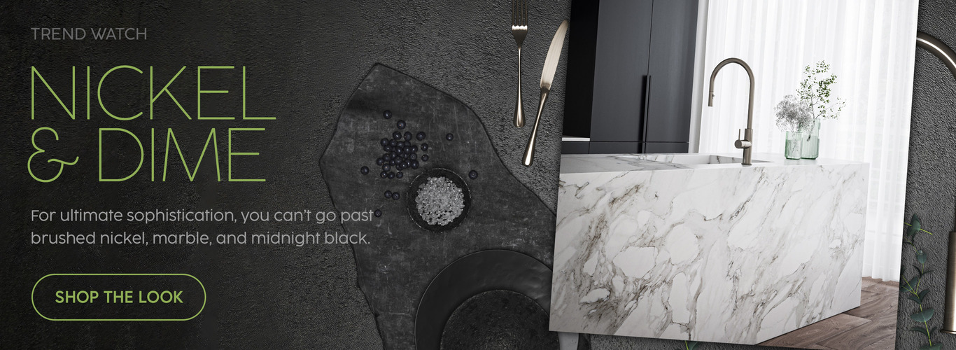 Shop of modern brushed nickel, marble, and midnight black-finished kitchen taps and sinks mixers