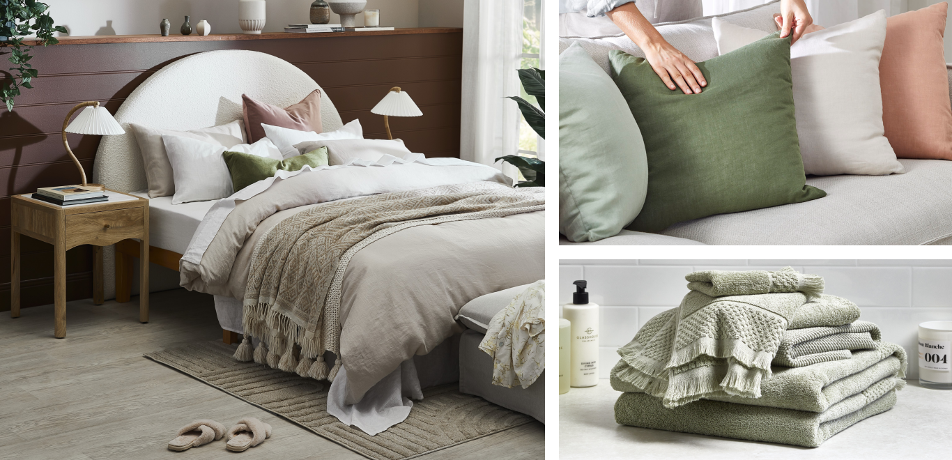 Temple & Webster Bed & Bath Collection 3x contemporary lifestyle images of stylised rooms using our products.