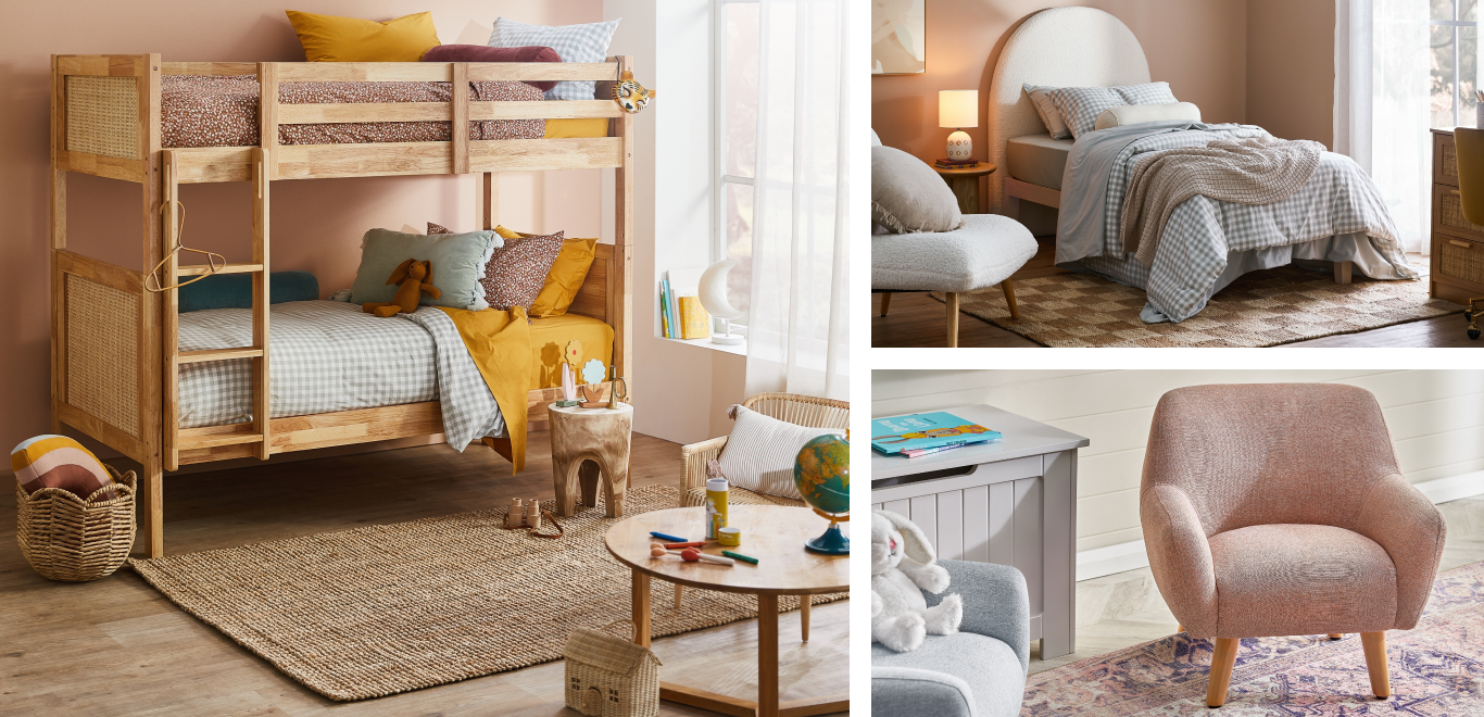 Temple & Webster Baby & Kids Collection 3x contemporary lifestyle images of stylised kids bedrooms using our products