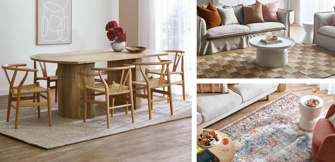 Temple & Webster Rugs Collection, 3x contemporary lifestyle images of stylised settings using our rug products.