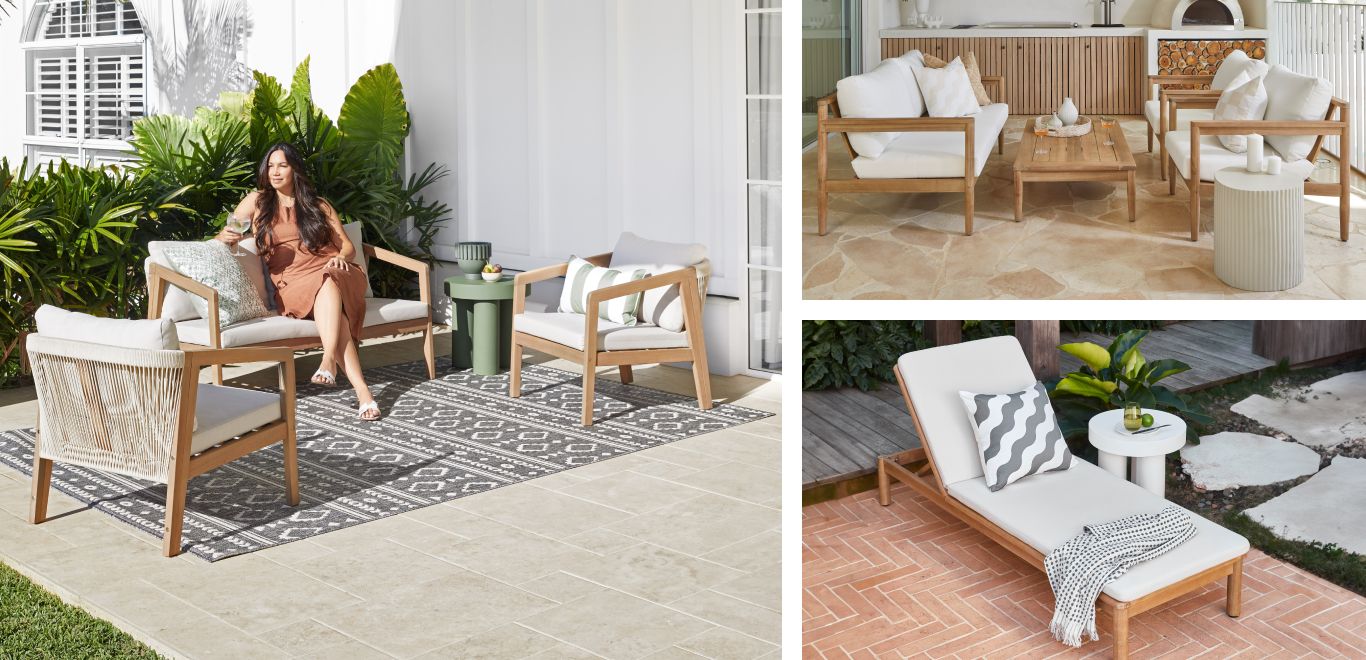Temple & Webster Outdoor Collection, 3x contemporary and coastal lifestyle images of stylised outdoor settings using our products.