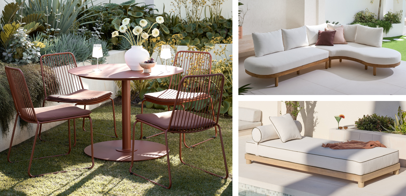 Temple & Webster Outdoor Collection, 3x contemporary and coastal lifestyle images of stylised outdoor settings using our products.