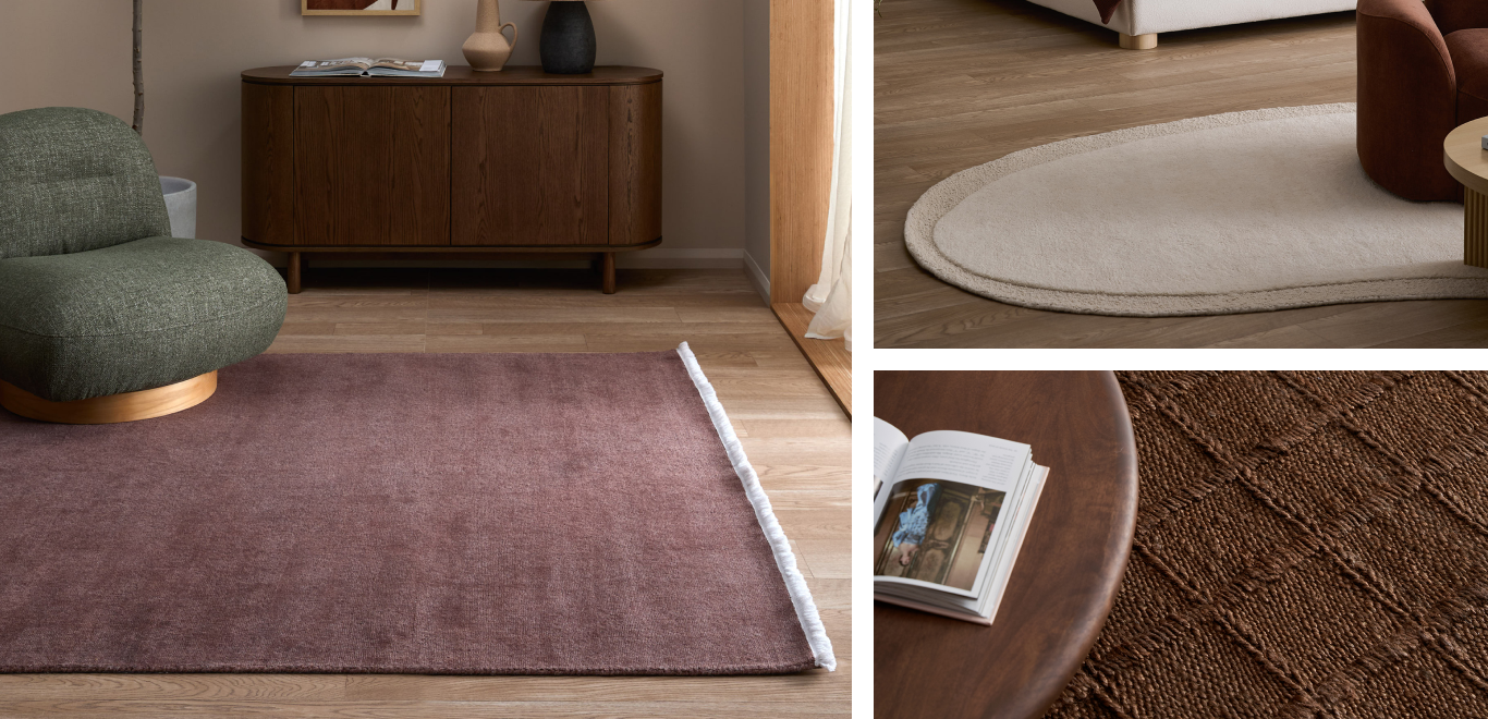 Temple & Webster Rugs Collection, 3x contemporary lifestyle images of stylised settings using our rug products.