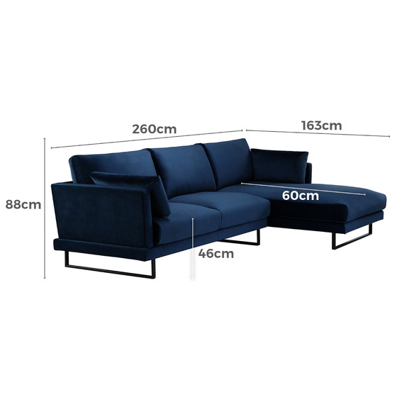 3 Seater Navy Velvet Zanda L Shaped Sofa, 3 Seater L Shaped Sofa Dimensions