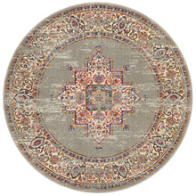 Grey Oriental Vintage Look Round Rug