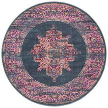 Navy & Fuchsia Oriental Vintage Look Round Rug