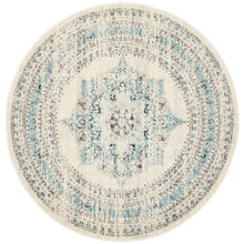 White & Blue Transitional Distressed Round Rug