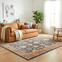 Navy & Rust Power-Loomed Transitional Round Rug