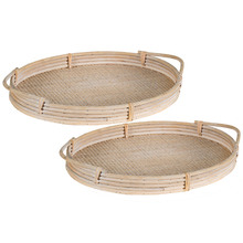2 Piece Natural Oval Rattan Tray Set