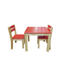 Red Top Timber Table with Red Seat Stacking Chairs