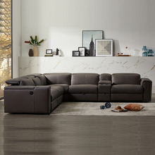 Grey Caecilius 5 Seater Leather Sofa with Cup Holders & Drawer