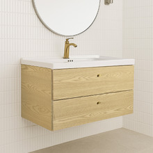Callum 900mm Oak Wall Hung Single Vanity with Ceramic Countertop
