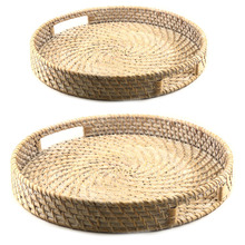 2 Piece Whitewash Round Rattan Serving Tray Set