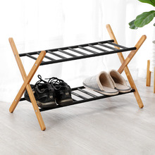 Black & Natural Quennie 2-Tier Bamboo & Metal Shoe Rack