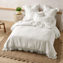 White Vintage Ruffle Linen-Blend Quilt Cover Set