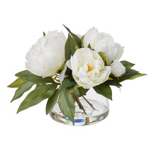 32cm White Faux Peony with Glass Vase