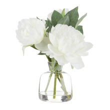 25cm White Faux Peony with Glass Vase