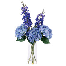 73cm Blue Faux Delphinium & Hydrangea with Glass Vase