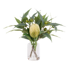 44cm Faux Mixed Native Banksia & Gum Nut with Glass Vase
