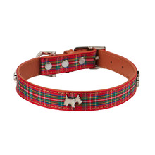 Red Tartan Highland Leather Dog Collar