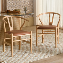 Hans Wegner Wishbone Replica Solid Beech Wood & Faux Leather Dining Chairs (Set of 2)