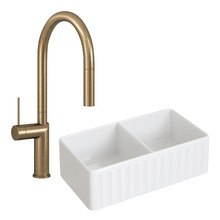 Clovelly Antique Brass Pull-Out Sink Mixer & Bowral Fireclay Sink Package