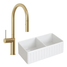 Clovelly Brushed Gold Pull-Out Sink Mixer & Bowral Fireclay Sink Package