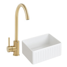 Clovelly Brushed Gold Gooseneck Sink Mixer & Bowral Fireclay Sink Package