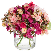 18cm Pink Faux Hydrangea Arrangement with Glass Vase