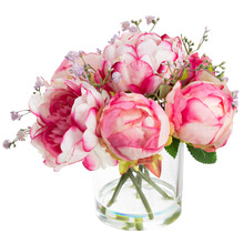 20cm Lilac Faux Peony Rose Arrangement with Glass Vase