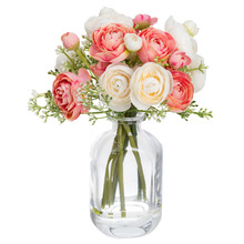 20cm Pink Faux Ranunculus Mixed Arrangement with Glass Vase