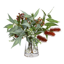 50cm Faux Bottle Brush & Eucalyptus Arrangement in Glass Vase