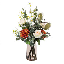 80cm Faux Hydrangea & Banksia Arrangement with Glass Vase