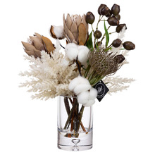 38cm Faux Dried Look Protea Arrangement with Glass Vase