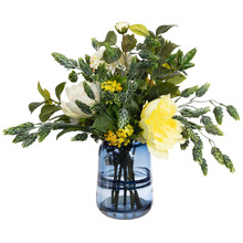 46cm Faux Dahlia & Mimosa Arrangement in Glass Vase