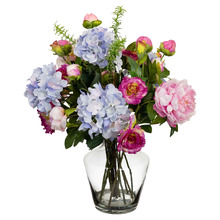 60cm Potted Faux Hydrangea & Peony Flower Arrangement with Glass Vase