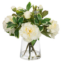 36cm White Faux Peony & Rose Arrangement with Glass Vase