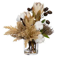 38cm Faux Dried Look Protea Arrangement with Glass Vase
