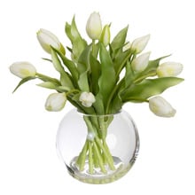 29cm White Faux Tulip Arrangement with Glass Vase