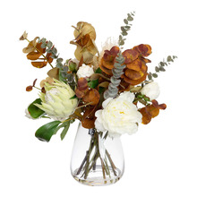 62cm Faux Protea & Peony Mixed Arrangement with Glass Vase