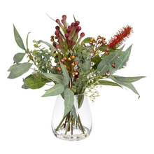 50cm Faux Bottle Brush & Eucalyptus Arrangement in Glass Vase