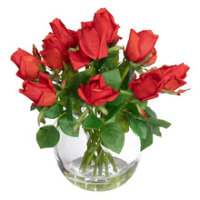 38cm Red Faux Rose Arrangement with Glass Vase