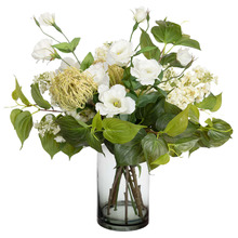 60cm White Faux Lilac Mixed Arrangement in Glass Vase