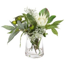 42cm Faux Protea and Eucalyptus Arrangement in Glass Vase