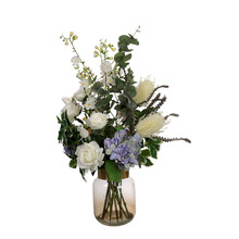 80cm Faux Hydrangea & Banksia Arrangement with Glass Vase