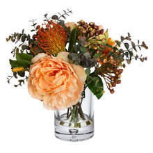 30cm Faux Peony & Banksia Mixed Arrangement with Glass Vase