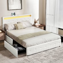 White Antoine Faux Leather Bed with LED & Drawers