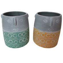 2 Piece Yellow & Green Face Ceramic Planter Set
